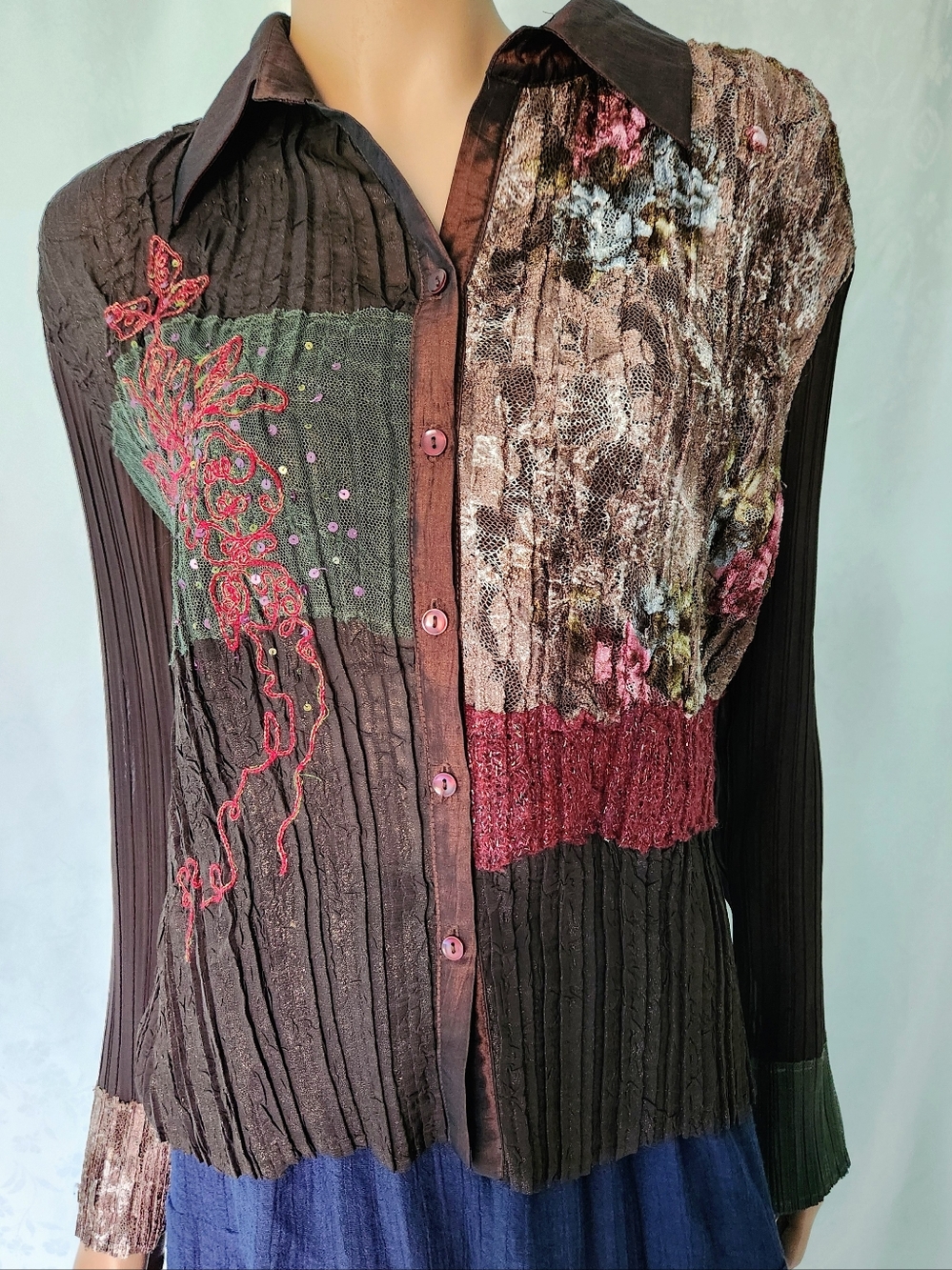 Alberto Makali Blouse Multicolor Crinkle Sequins Patchwork Y2K Art Wear Sz XL